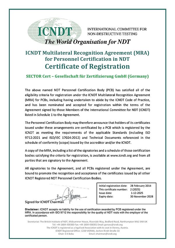 ICNDT MRA Certificate of Registration